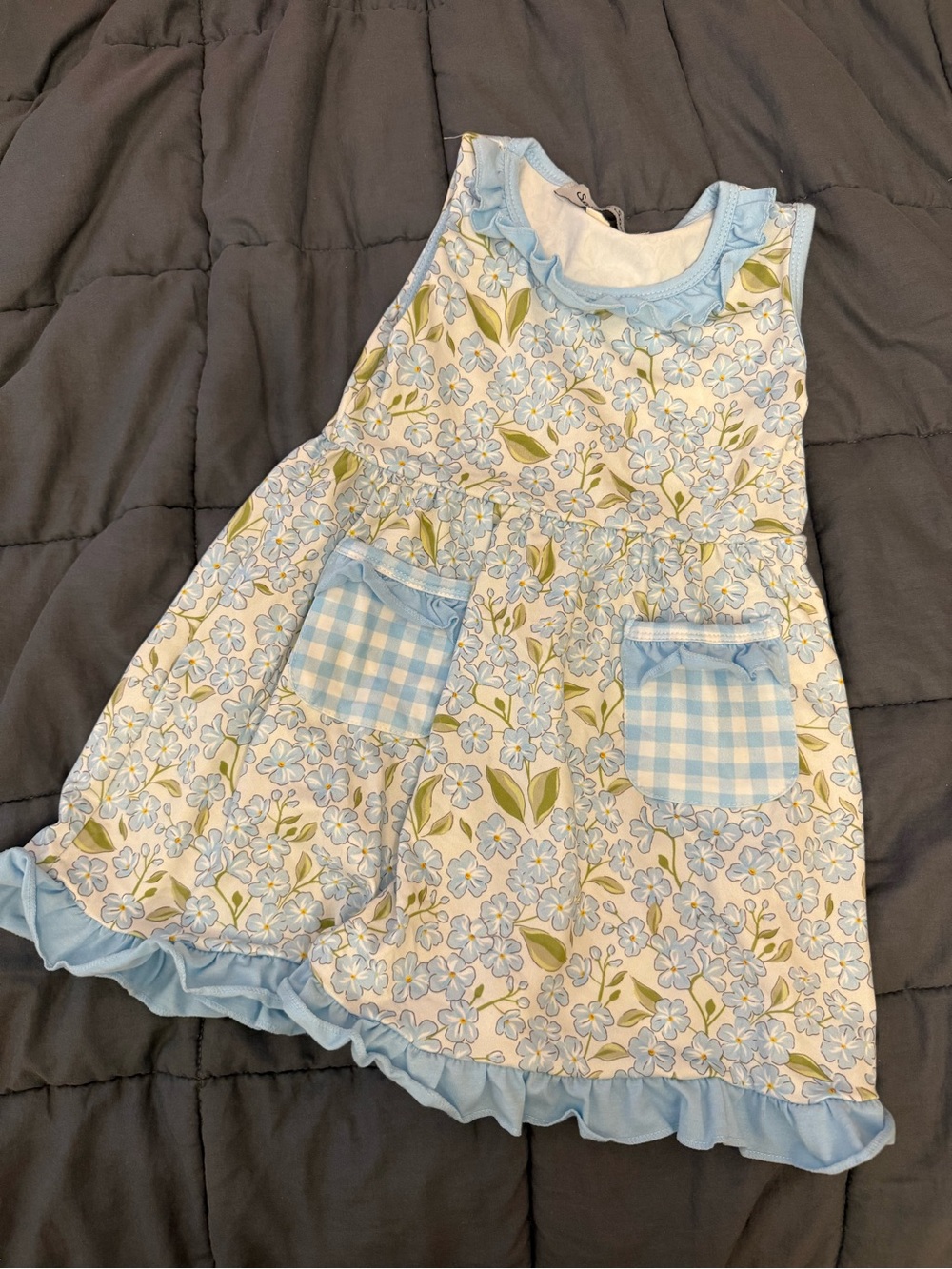 Blue Floral Ruffle Pocket Dress for Girls